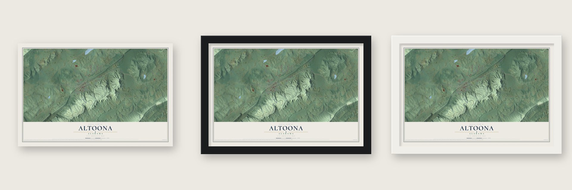 Altoona, Alabama map unframed, in a black wood frame and in a white wood frame