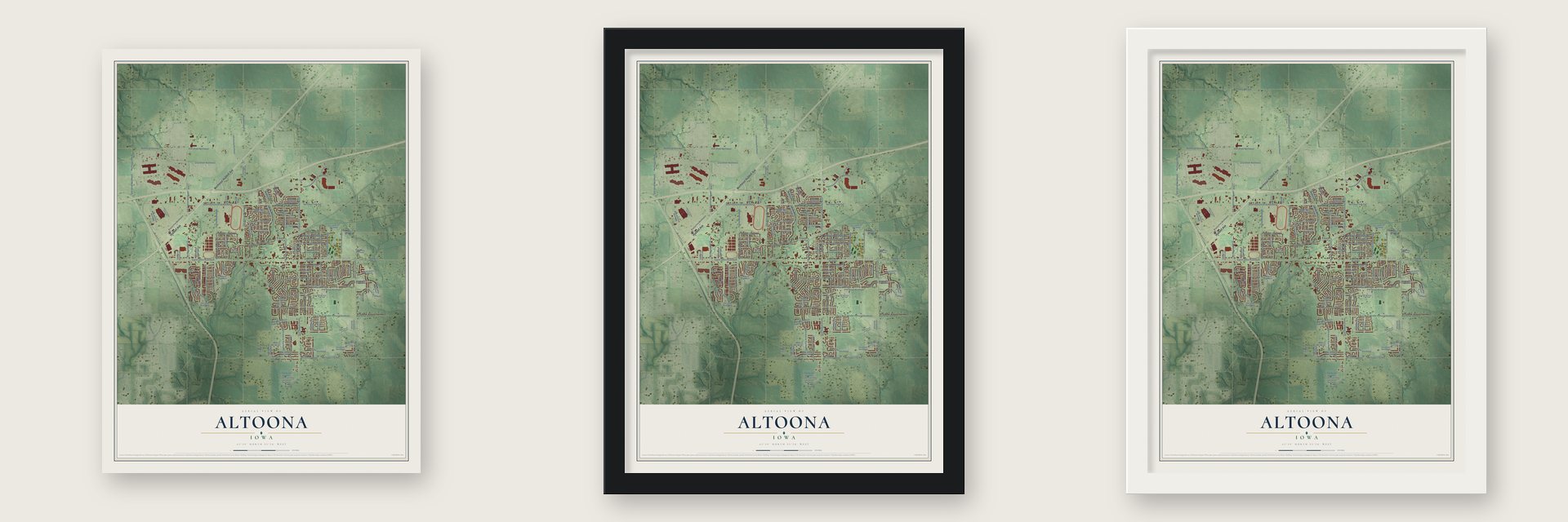 Altoona, Iowa map unframed, in a black wood frame and in a white wood frame