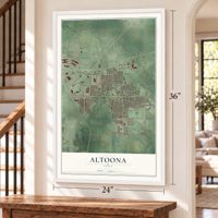 Altoona, Iowa map, 24 x 36 inch print in a white frame by a staircase