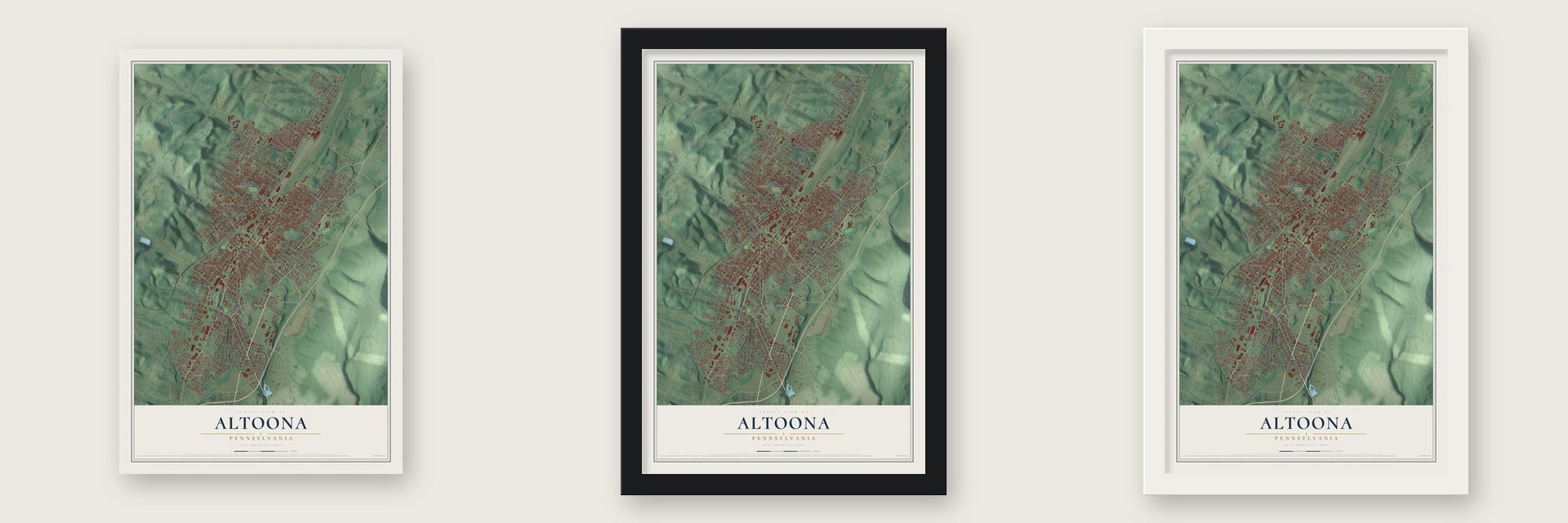 Altoona, Pennsylvania map unframed, in a black wood frame and in a white wood frame