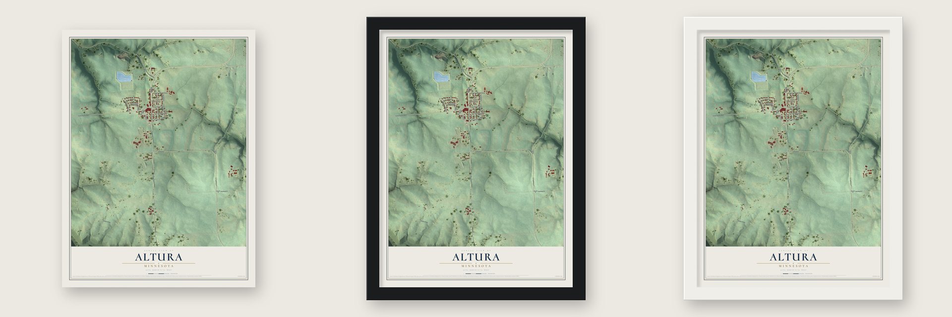Altura, Minnesota map unframed, in a black wood frame and in a white wood frame