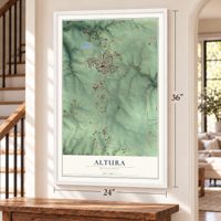 Altura, Minnesota map, 24 x 36 inch print in a white frame by a staircase