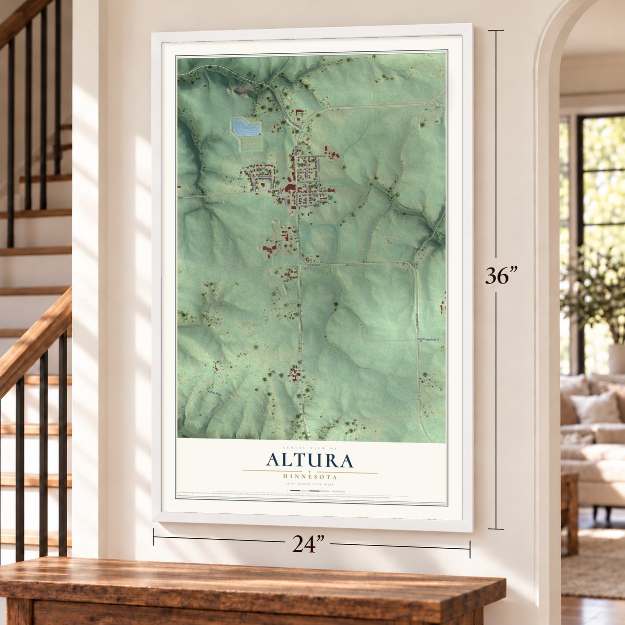 Altura, Minnesota map, 24 x 36 inch print in a white frame by a staircase
