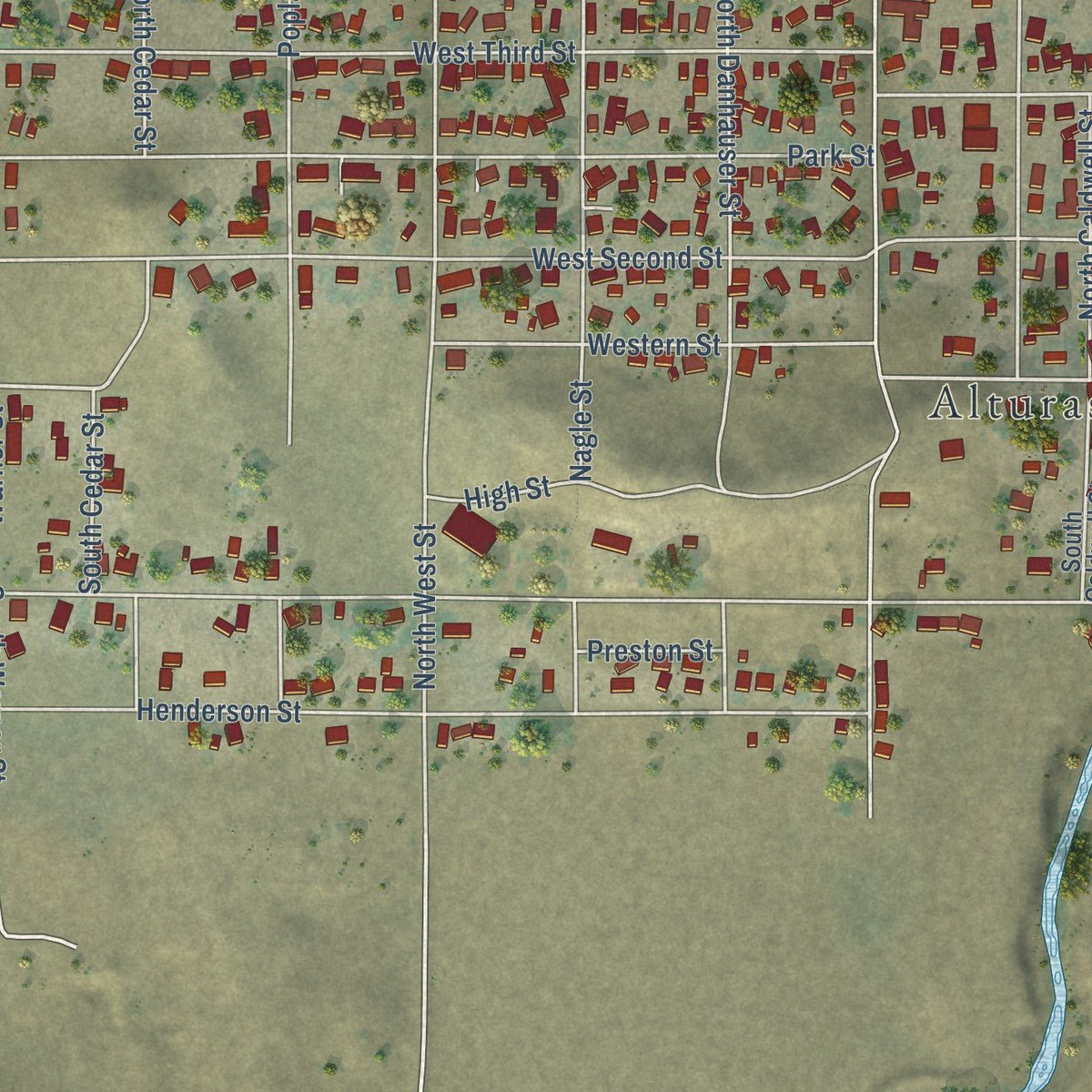 Second close-up of the map of Alturas, California print showing more streets and buildings