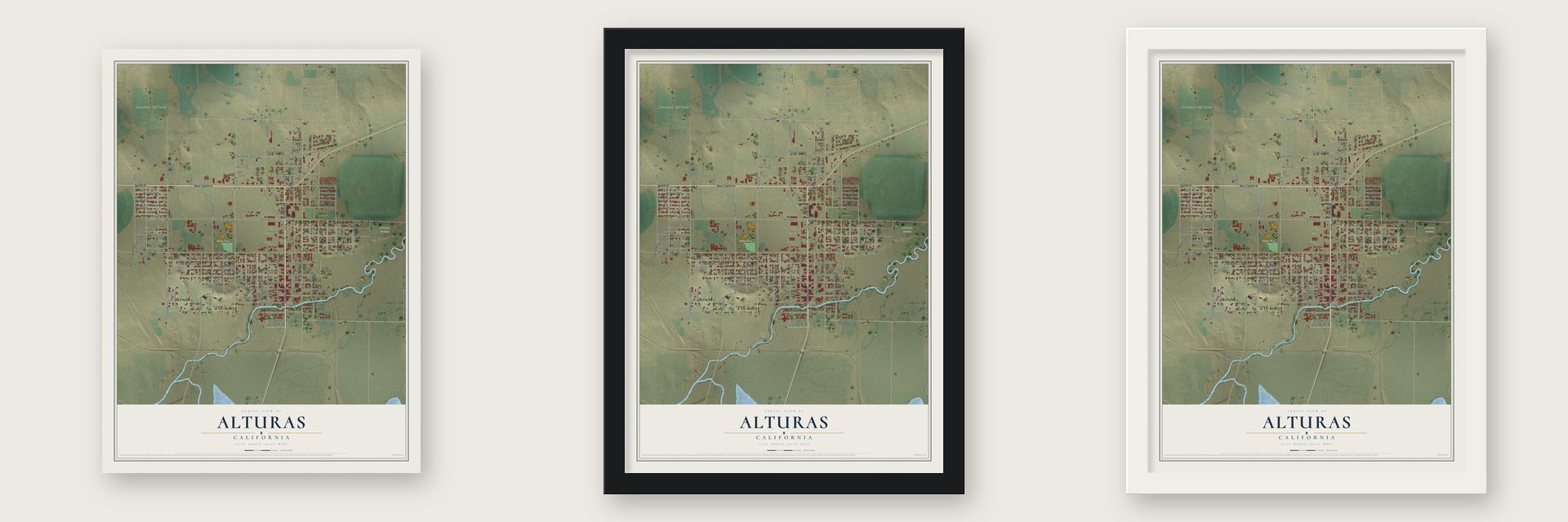 Alturas, California map unframed, in a black wood frame and in a white wood frame