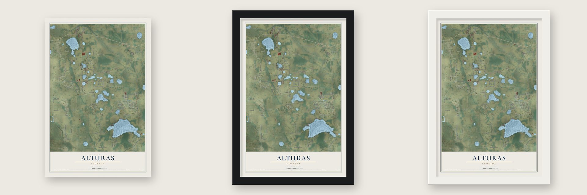 Alturas, Florida map unframed, in a black wood frame and in a white wood frame