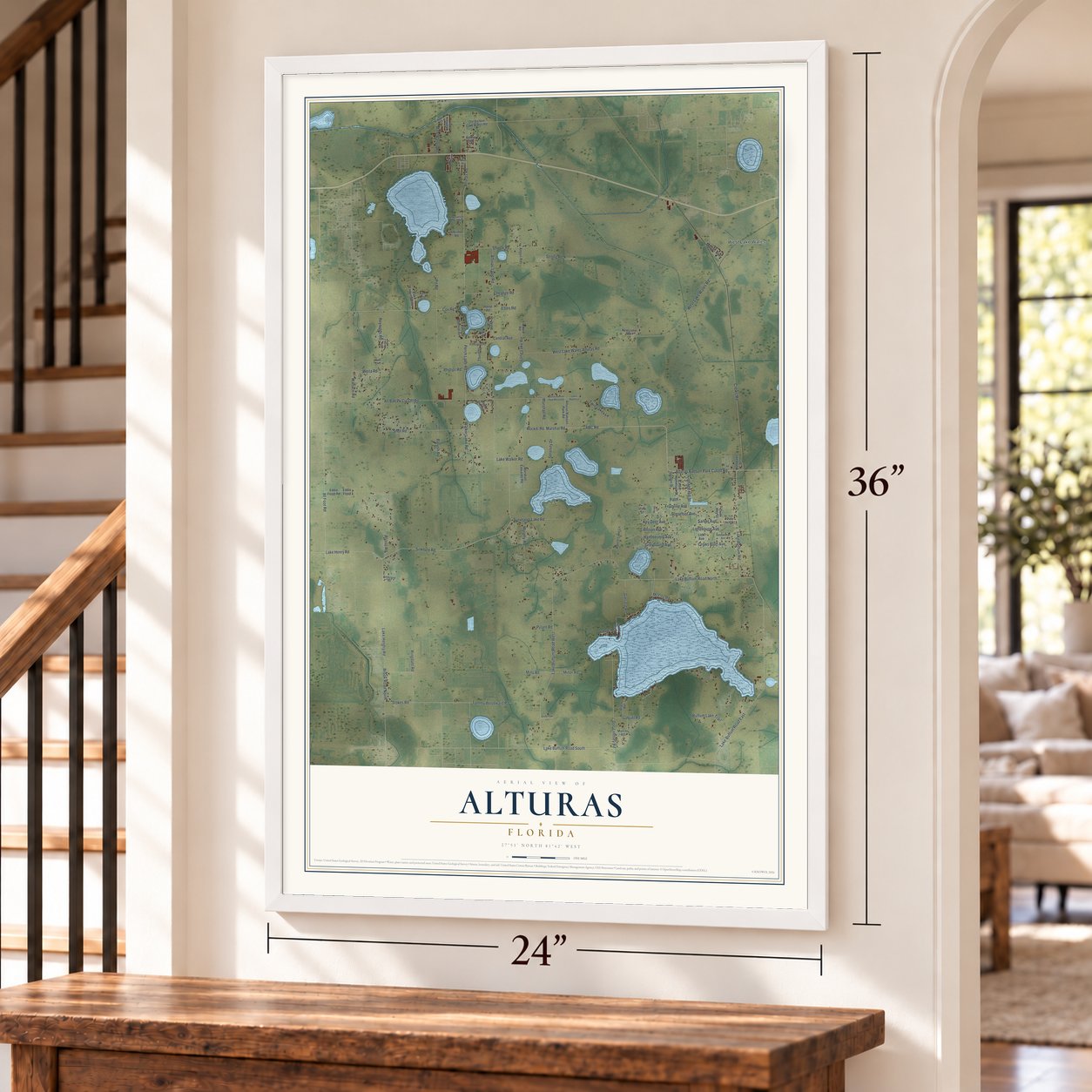 Alturas, Florida map, 24 x 36 inch print in a white frame by a staircase
