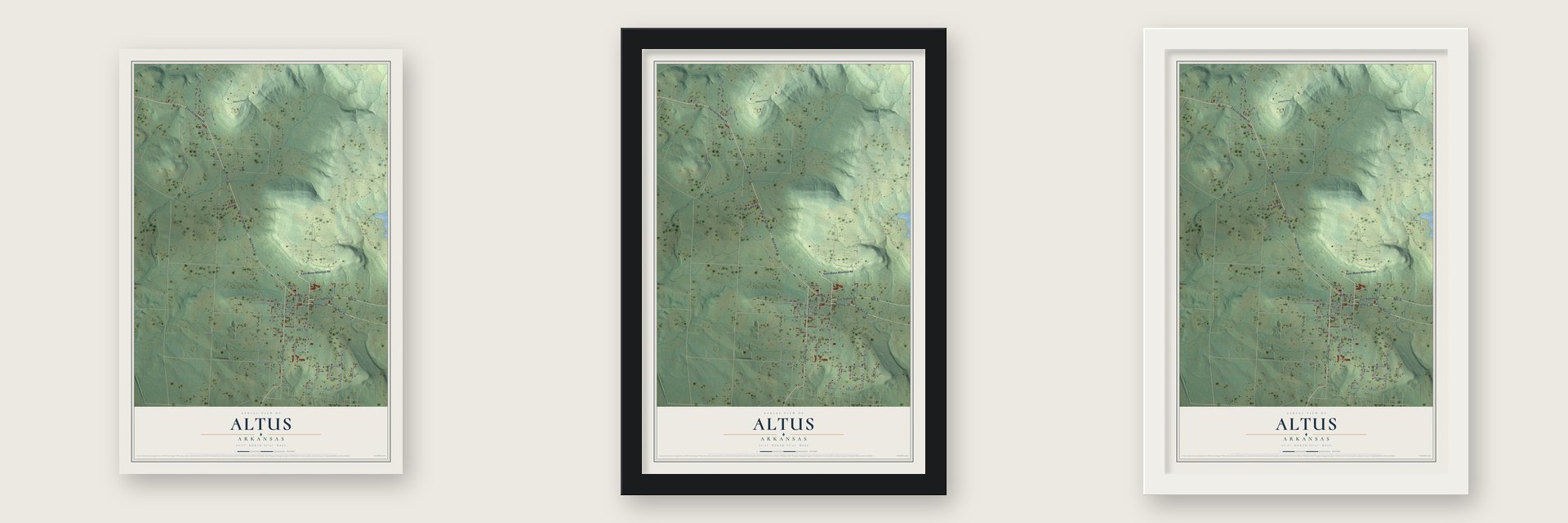 Altus, Arkansas map unframed, in a black wood frame and in a white wood frame