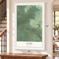 Altus, Arkansas map, 24 x 36 inch print in a white frame by a staircase