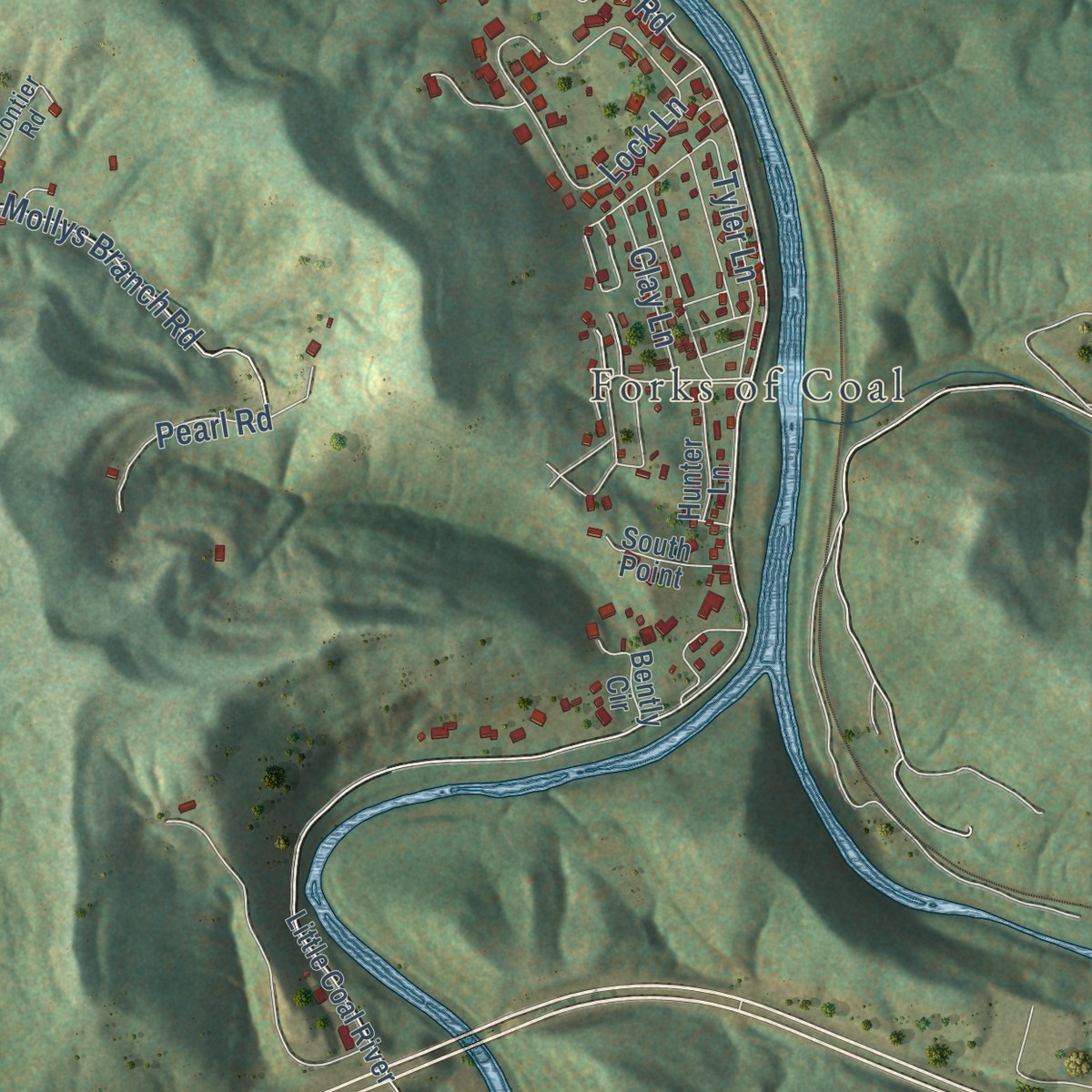 Second close-up of the map of Alum Creek, West Virginia print showing more streets and buildings