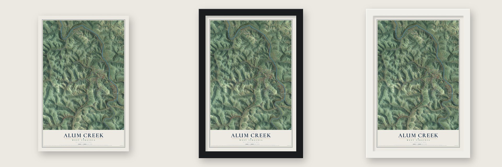 Alum Creek, West Virginia map unframed, in a black wood frame and in a white wood frame