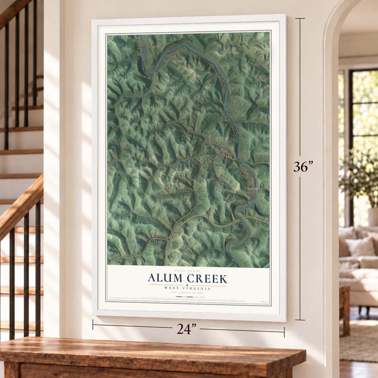 Alum Creek, West Virginia map, 24 x 36 inch print in a white frame by a staircase