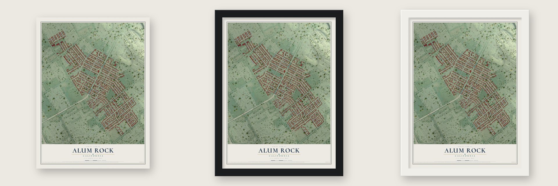 Alum Rock, California map unframed, in a black wood frame and in a white wood frame