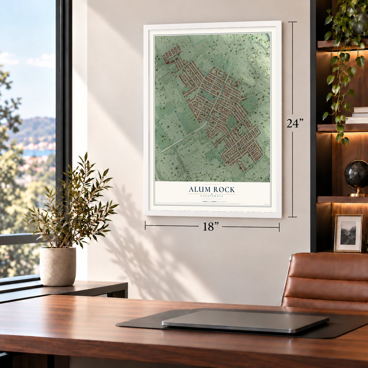 Alum Rock, California map, 18 x 24 inch print in a white frame in a home office