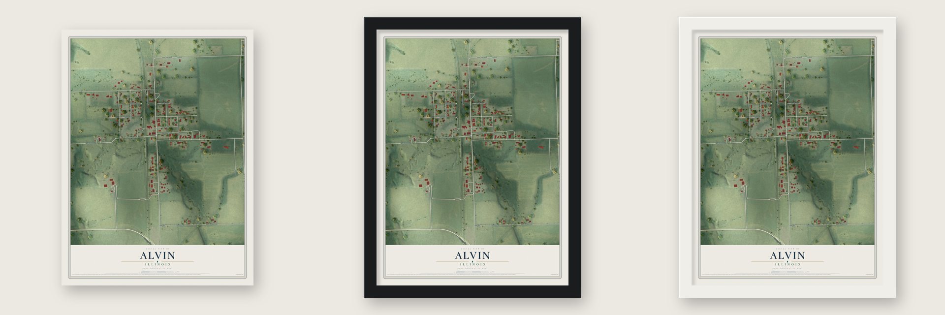 Alvin, Illinois map unframed, in a black wood frame and in a white wood frame