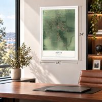 Alvin, Illinois map, 18 x 24 inch print in a white frame in a home office