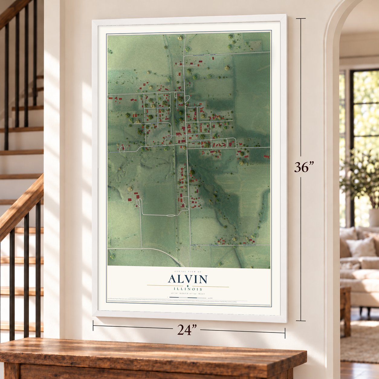 Alvin, Illinois map, 24 x 36 inch print in a white frame by a staircase