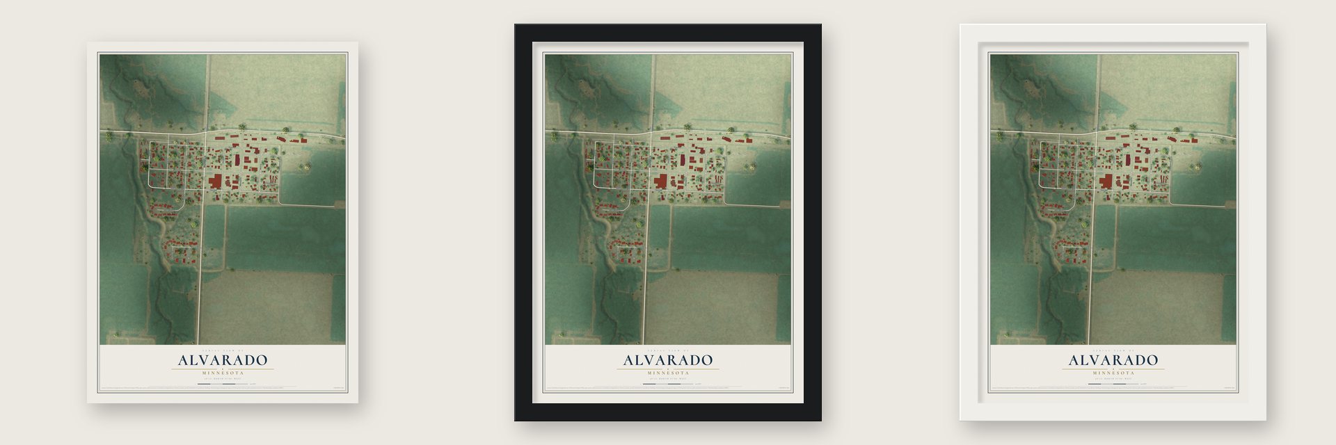 Alvarado, Minnesota map unframed, in a black wood frame and in a white wood frame