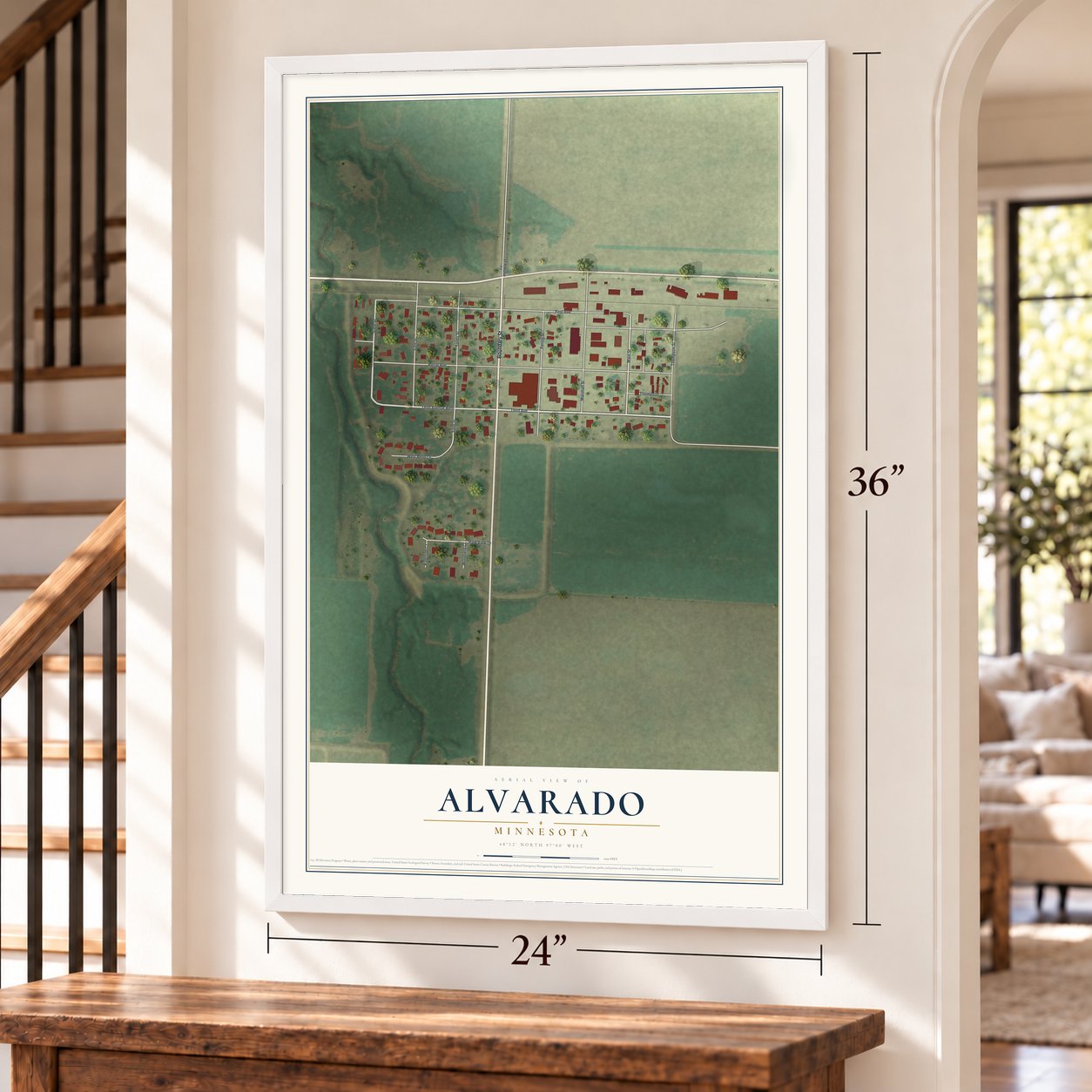 Alvarado, Minnesota map, 24 x 36 inch print in a white frame by a staircase
