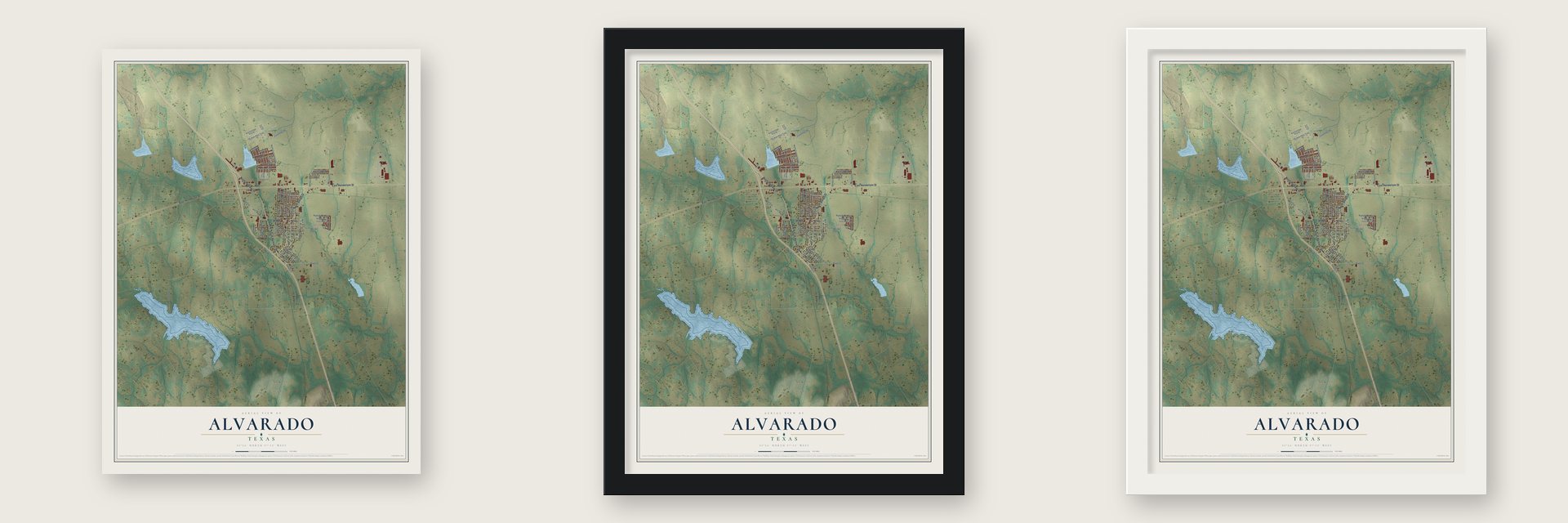 Alvarado, Texas map unframed, in a black wood frame and in a white wood frame