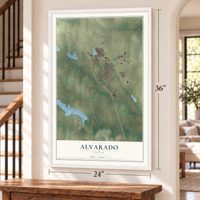 Alvarado, Texas map, 24 x 36 inch print in a white frame by a staircase