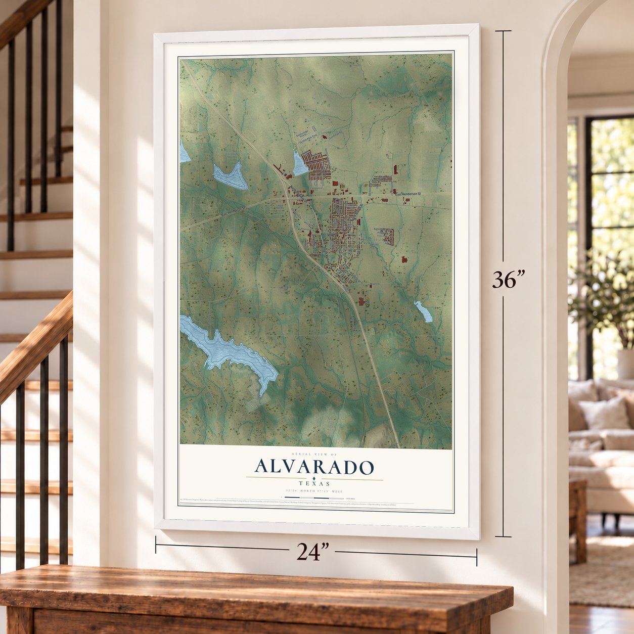 Alvarado, Texas map, 24 x 36 inch print in a white frame by a staircase