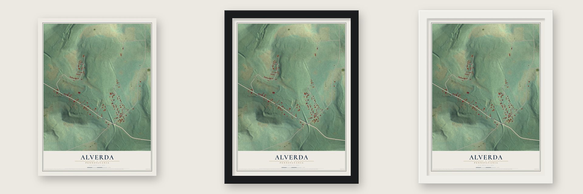 Alverda, Pennsylvania map unframed, in a black wood frame and in a white wood frame