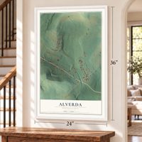 Alverda, Pennsylvania map, 24 x 36 inch print in a white frame by a staircase