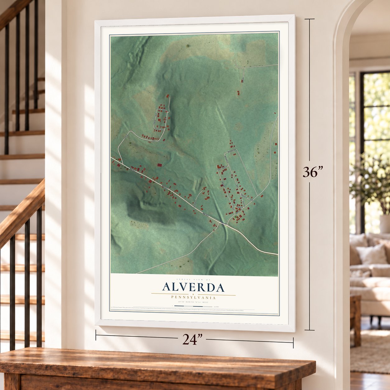 Alverda, Pennsylvania map, 24 x 36 inch print in a white frame by a staircase