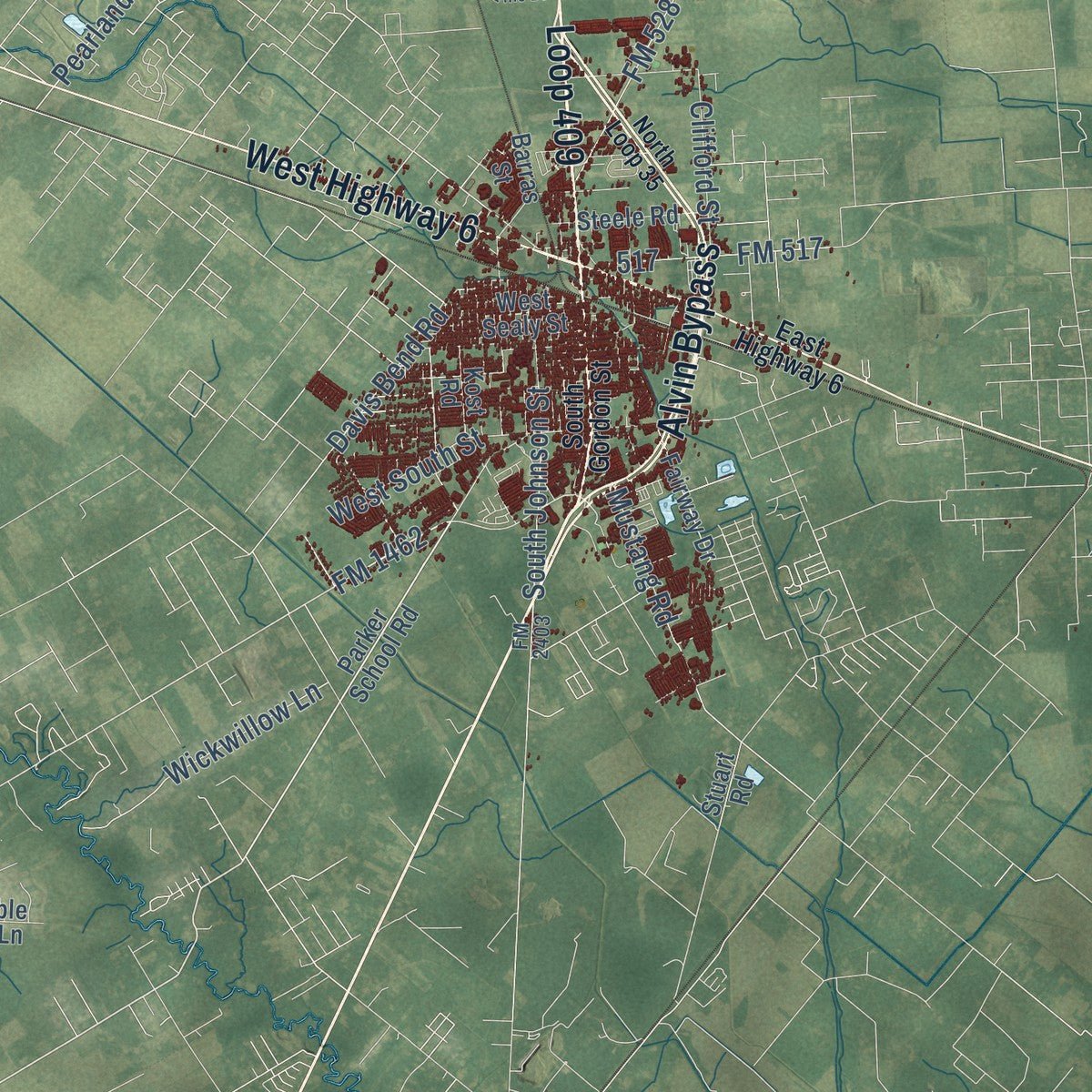 Second close-up of the map of Alvin, Texas print showing more streets and buildings