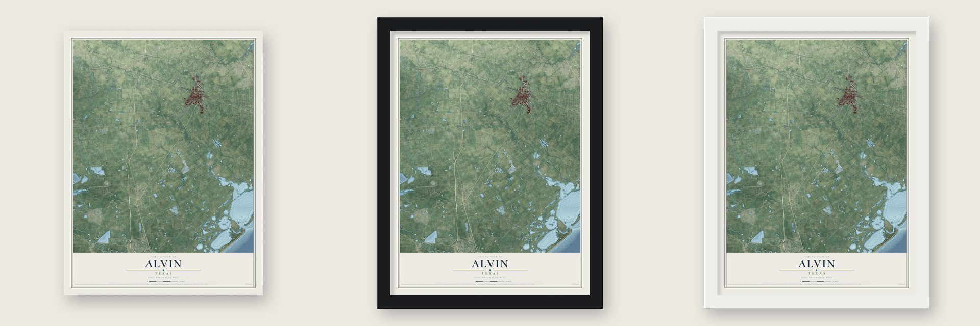 Alvin, Texas map unframed, in a black wood frame and in a white wood frame