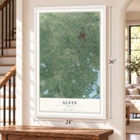 Alvin, Texas map, 24 x 36 inch print in a white frame by a staircase