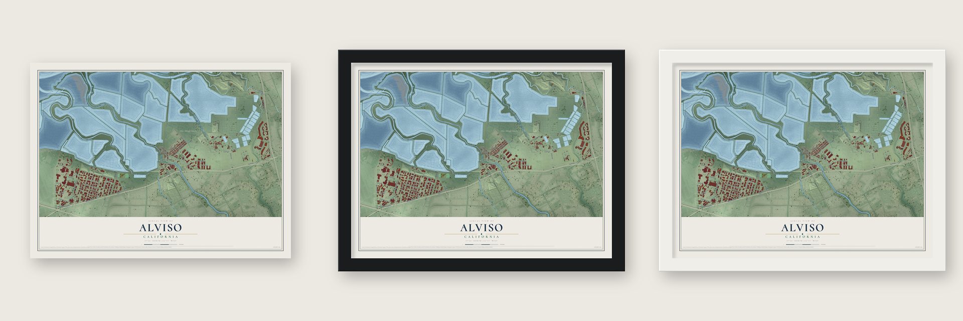 Alviso, California map unframed, in a black wood frame and in a white wood frame