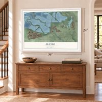Alviso, California map, 24 x 36 inch print in a white frame above a dresser by a staircase