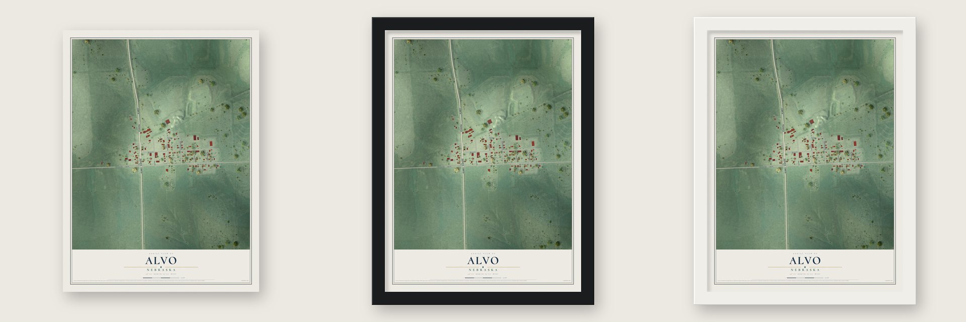 Alvo, Nebraska map unframed, in a black wood frame and in a white wood frame