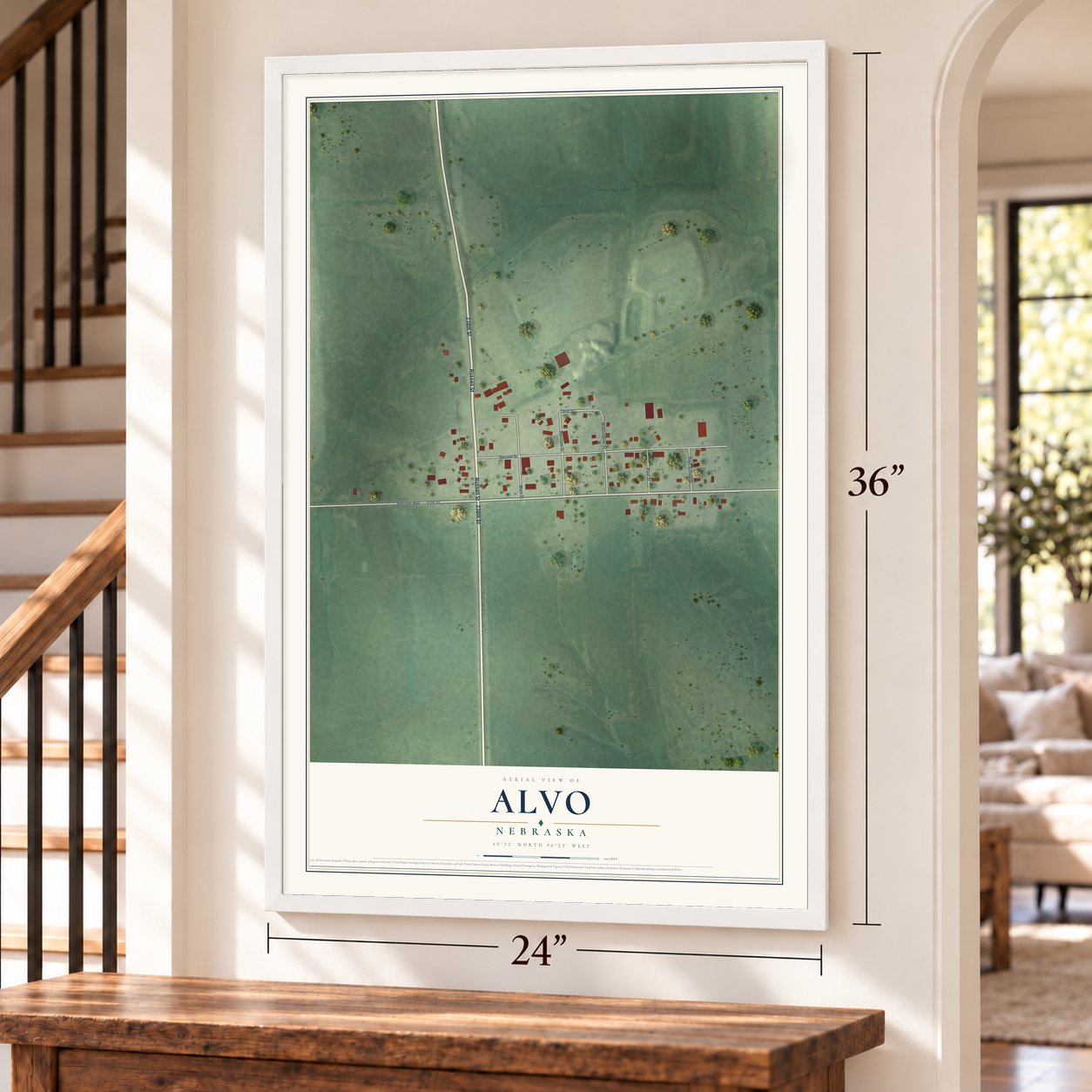 Alvo, Nebraska map, 24 x 36 inch print in a white frame by a staircase