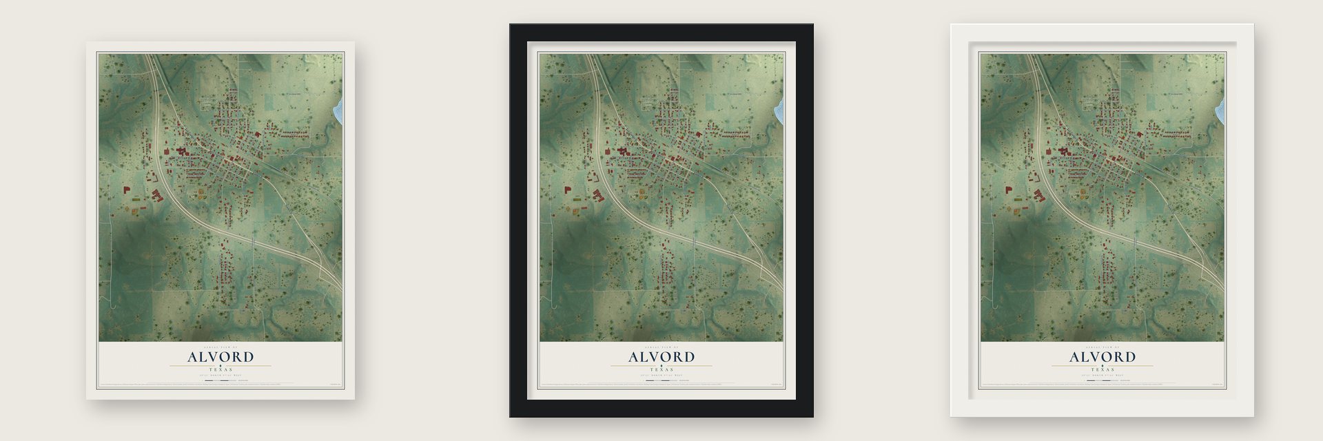 Alvord, Texas map unframed, in a black wood frame and in a white wood frame