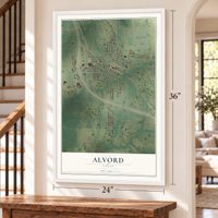 Alvord, Texas map, 24 x 36 inch print in a white frame by a staircase