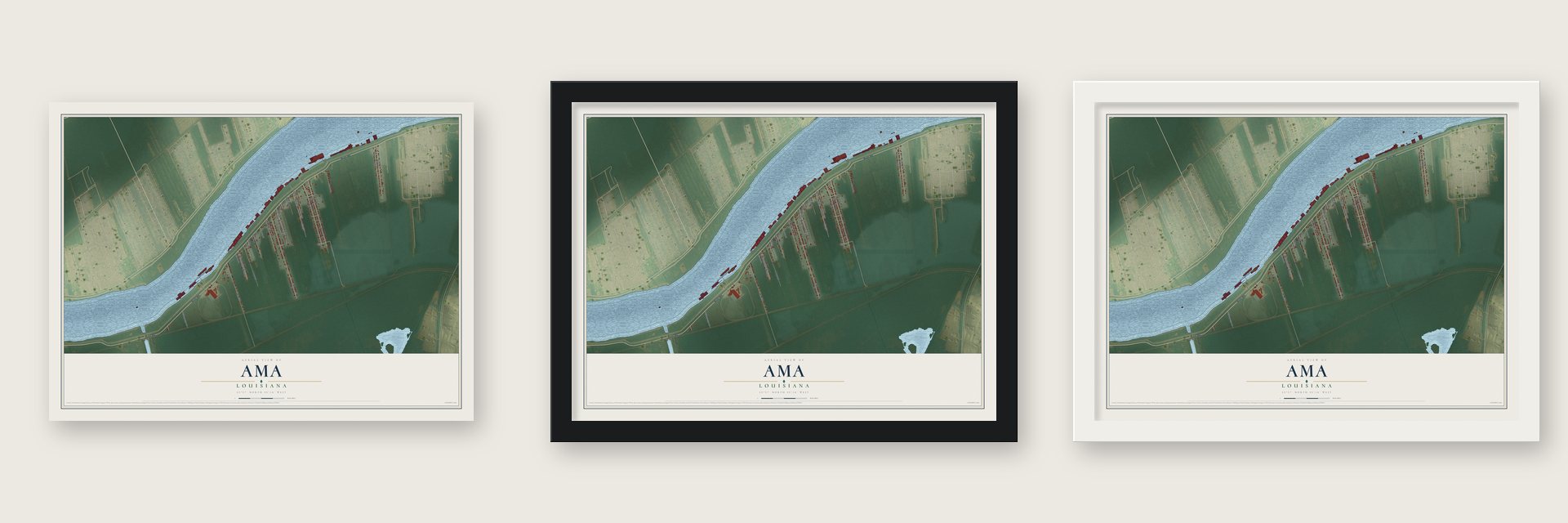 Ama, Louisiana map unframed, in a black wood frame and in a white wood frame