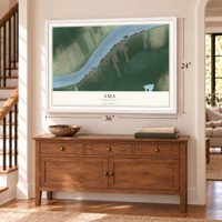 Ama, Louisiana map, 24 x 36 inch print in a white frame above a dresser by a staircase