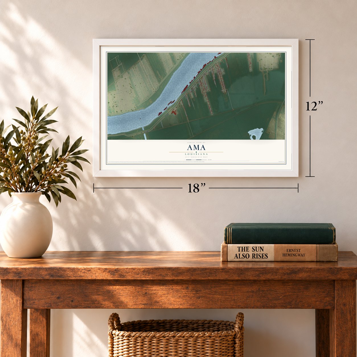 Ama, Louisiana map, 12 x 18 inch print in a white frame in an entryway