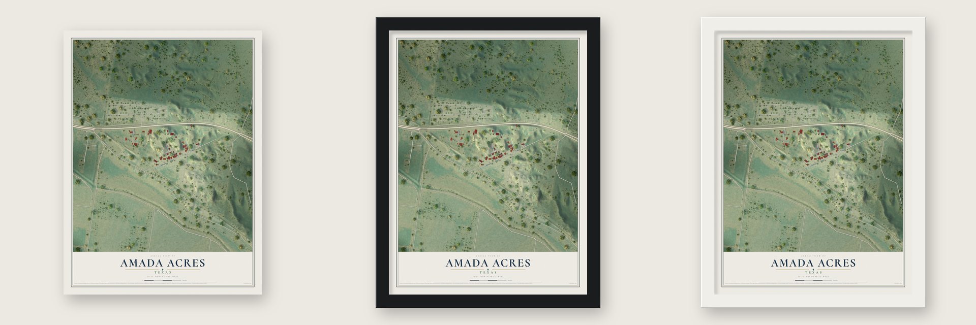 Amada Acres, Texas map unframed, in a black wood frame and in a white wood frame