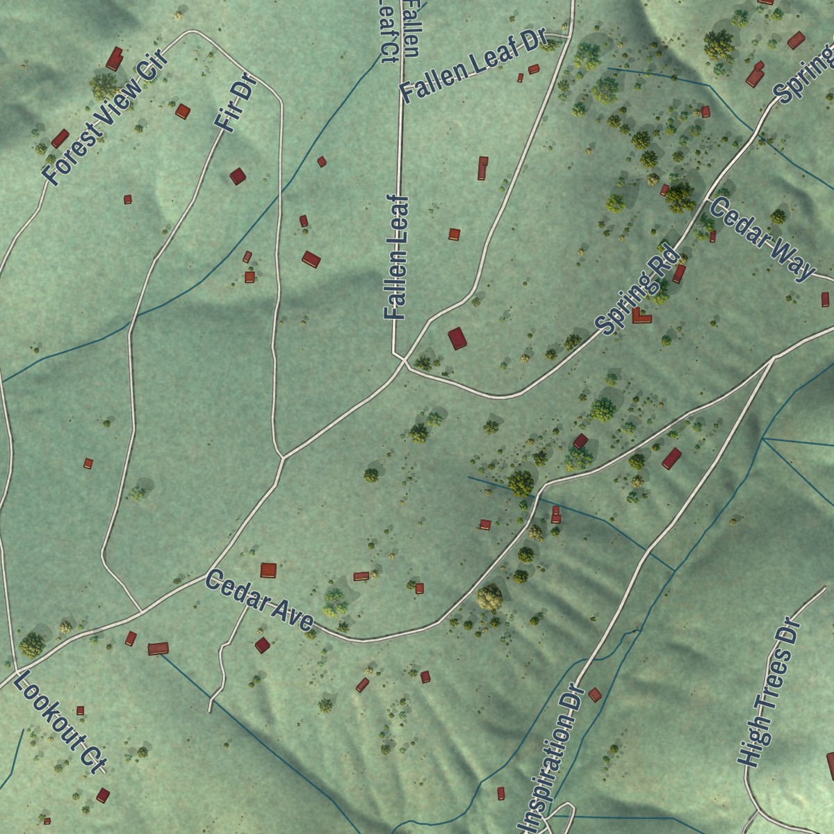Second close-up of the map of Amador Pines, California print showing more streets and buildings