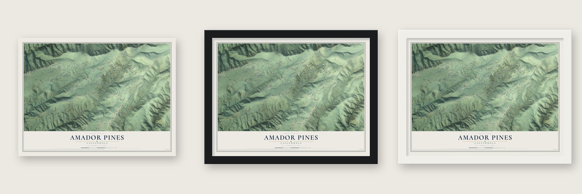 Amador Pines, California map unframed, in a black wood frame and in a white wood frame