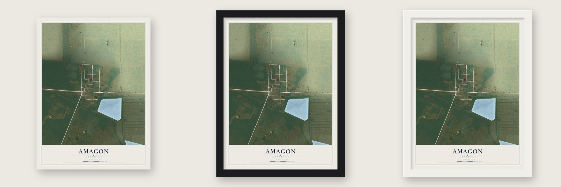 Amagon, Arkansas map unframed, in a black wood frame and in a white wood frame