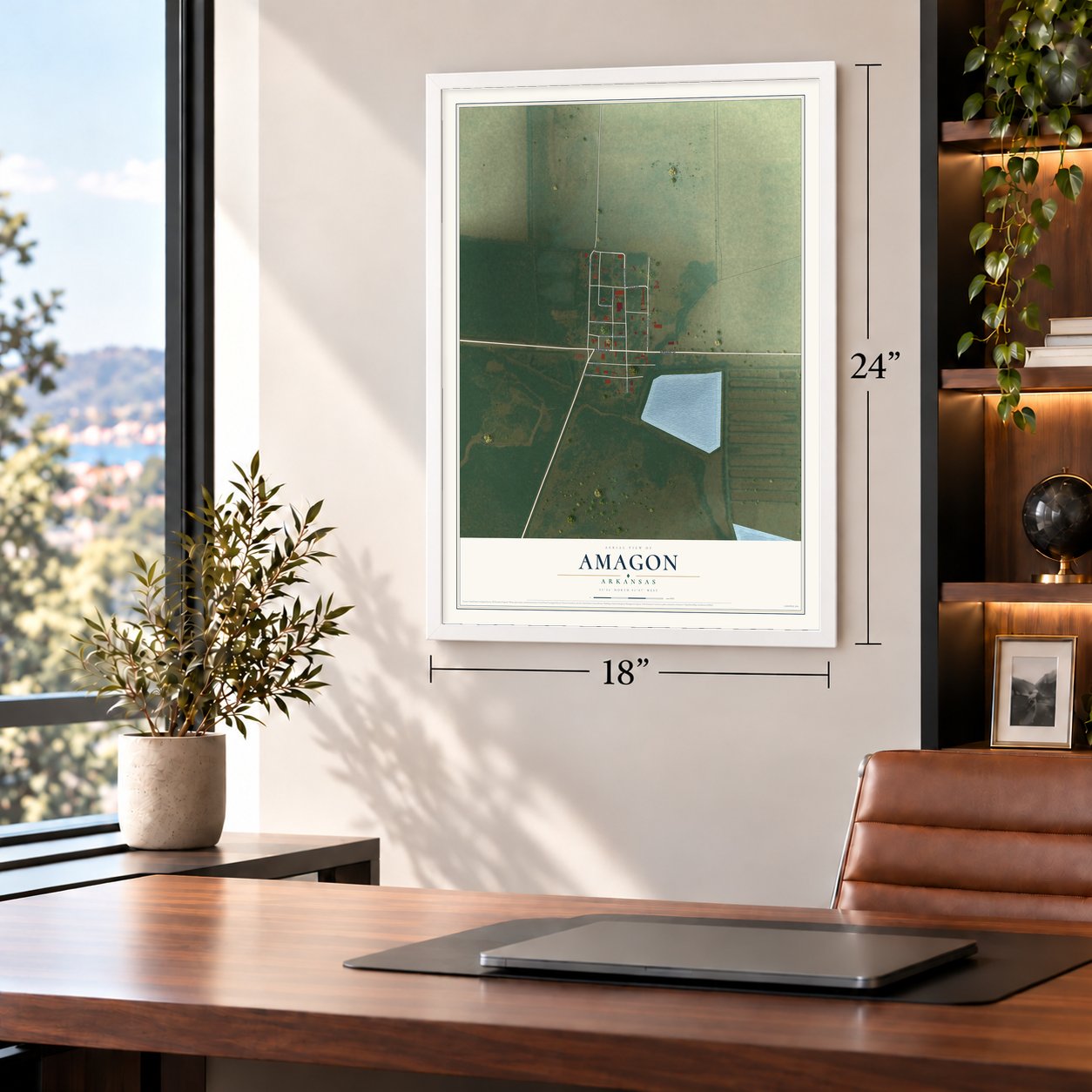 Amagon, Arkansas map, 18 x 24 inch print in a white frame in a home office