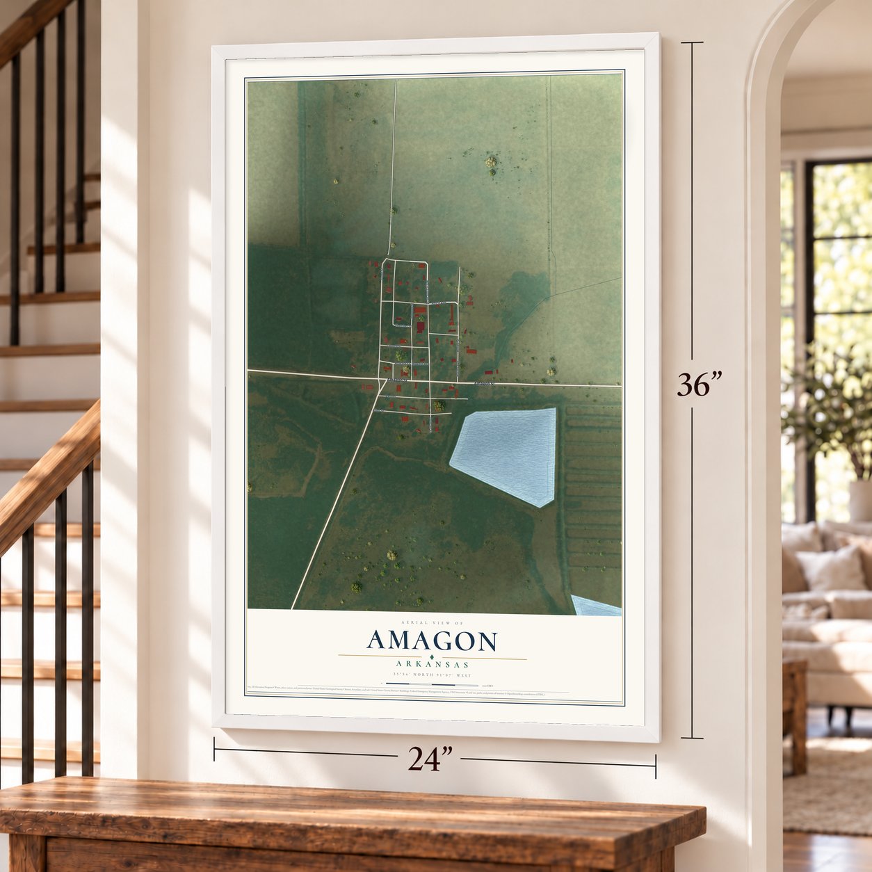 Amagon, Arkansas map, 24 x 36 inch print in a white frame by a staircase