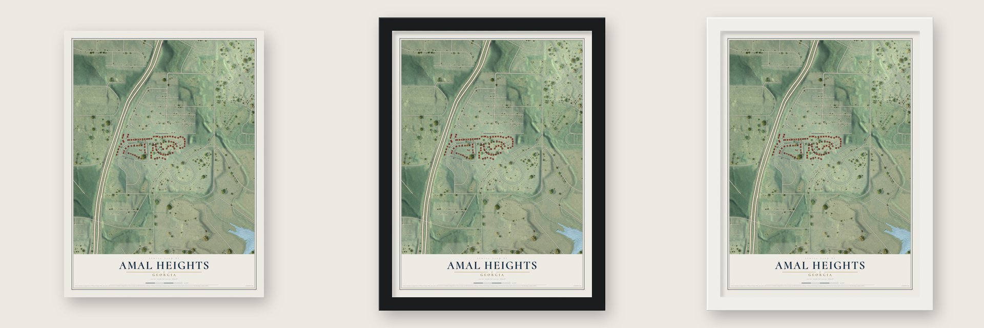 Amal Heights, Georgia map unframed, in a black wood frame and in a white wood frame