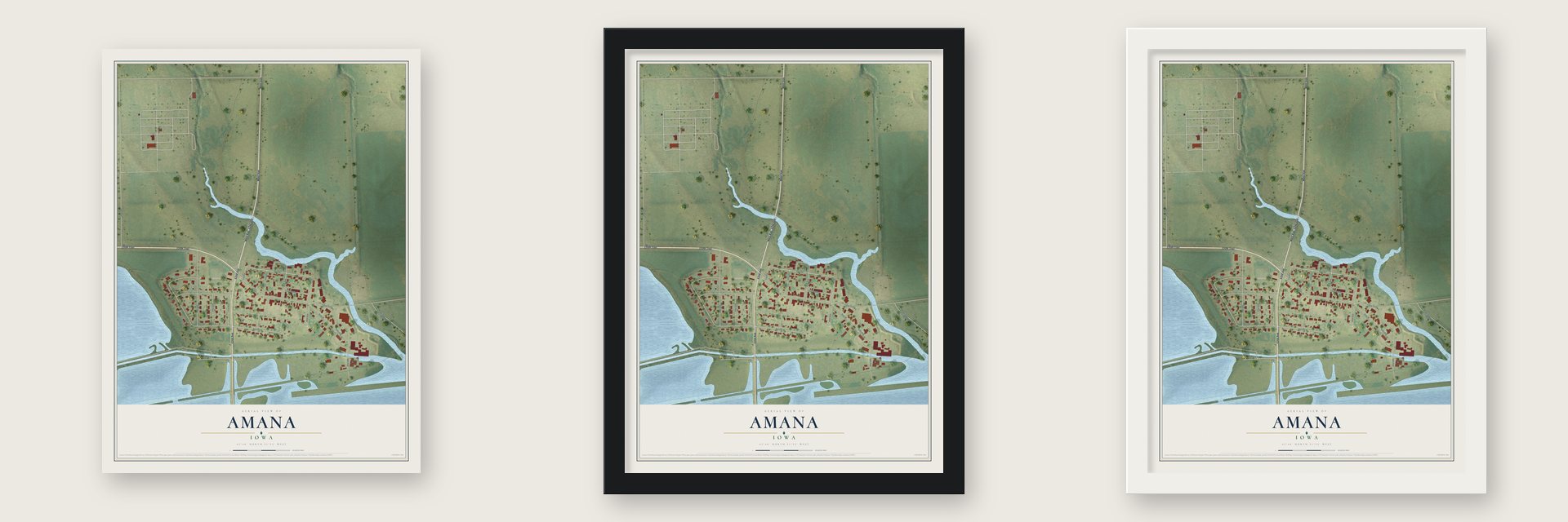 Amana, Iowa map unframed, in a black wood frame and in a white wood frame