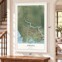 Amana, Iowa map, 24 x 36 inch print in a white frame by a staircase